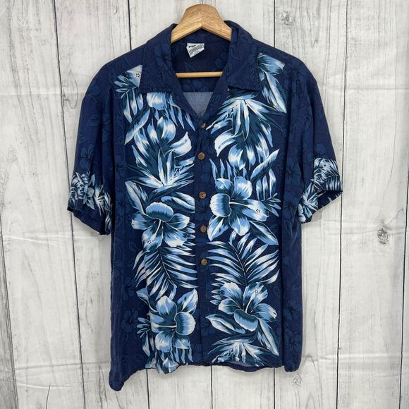 VINTAGE Kennington LARGE Blue Hibisicus Hawaiian Aloha Dad Shirt Button Up 90's - Picture 1 of 11